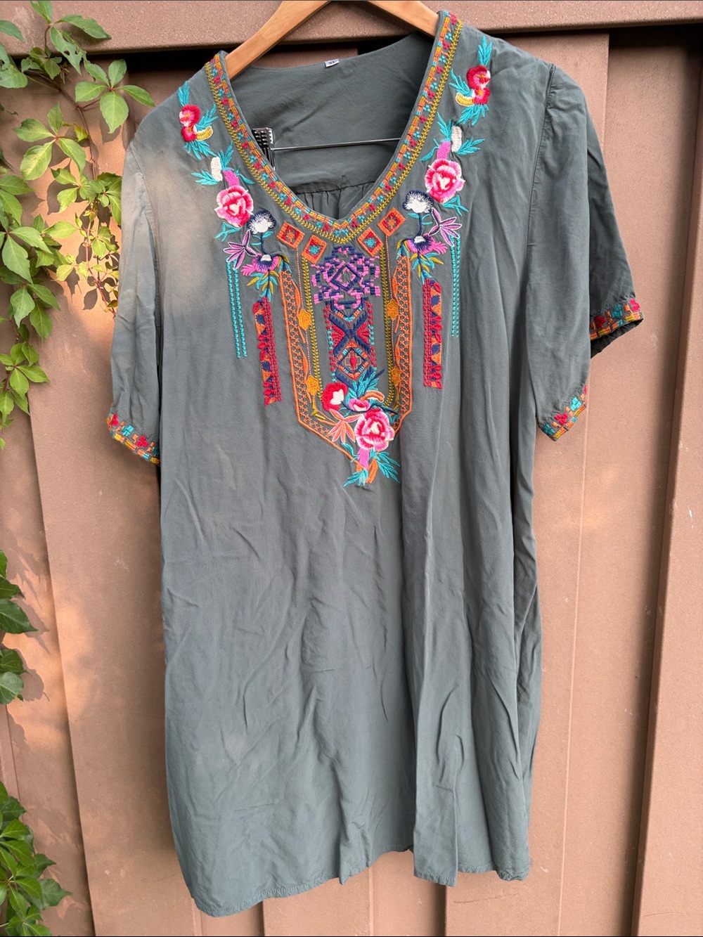 Embroidered V-Neck Tunic in Olive with Floral Detail